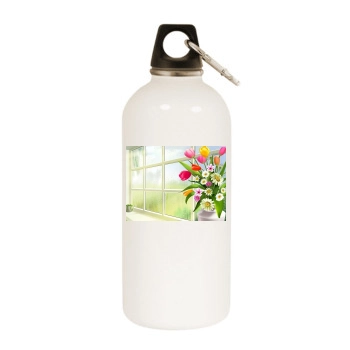 Flowers White Water Bottle With Carabiner