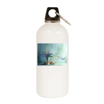 Flowers White Water Bottle With Carabiner